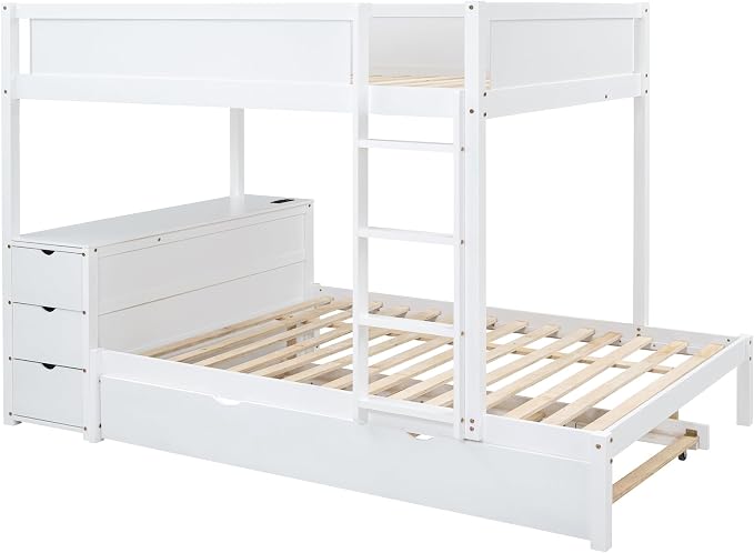 Harper & Bright Designs Full Over Full Bunk Bed Twin Size Trundle, Wood Full Bunk Bed with USB Ports, Storage and Desk, White