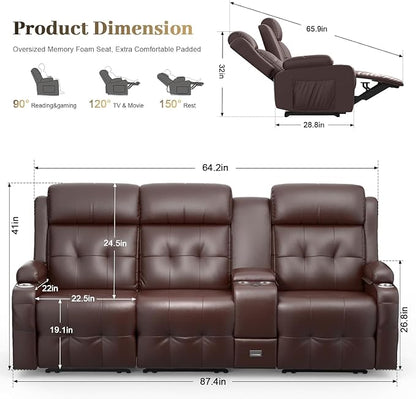 Recliner Sofa, Massage Reclining Sofa 3 Seater Sets Heavy Weight Capacity, RV Loveseat Couch Clearance with Console, USB, Type C Port, Storage, Cup Holders, Wall Hugger Chair for Living Room