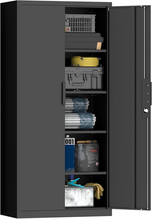 GREATMEET Metal Garage Storage Cabinet with 2 Doors and Shelves - 72" x 34" x 18" Steel Lockable File Cabinet, Black Locking Tool Cabinets for Office Home Garage Gym School