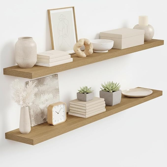 Vivelove 48 Inch Floating Shelves for Wall, 48x9 Display Shelves for Bathroom Living Room Kitchen Bedroom Office Farmhouse Home Decor - Set of 2, Oak