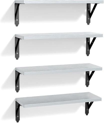 ROMGUAR CRAFT Wood Floating Shelves Set of 4, Rustic Storage Decor Wall Shelves, Wall Mounted Shelf for Living Room, Bedroom 17" x 6", Light Grey