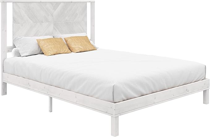 AMERLIFE Solid Wood Queen Size Bed Frame with Headboard, Rustic Style Platform Bed Frame with Under-Bed Storage, No Box Spring Needed, Noise Free, Easy Assembly, Antique White