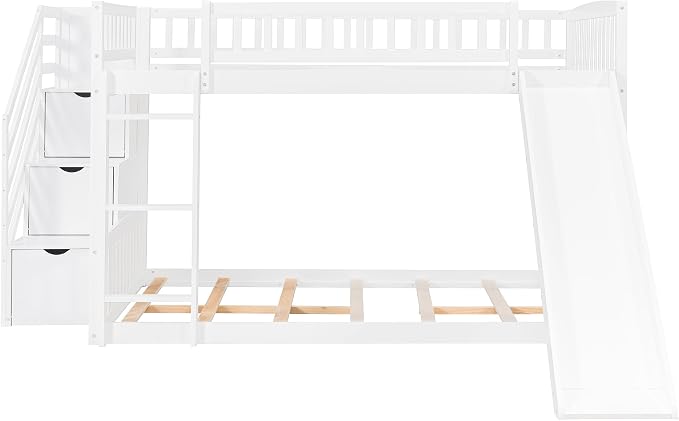 RUNNA Full Over Full Bunk Bed, Staircase with Drawers, Slide, Ladder | full over full bunk bed, staircase with drawers, convertible slide and ladder, solid pine wood, guardrails, no box spring