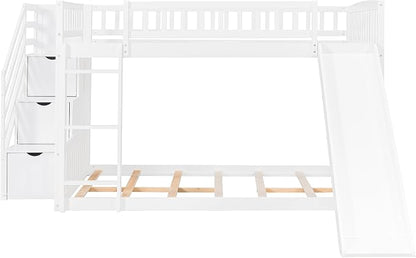 RUNNA Full Over Full Bunk Bed, Staircase with Drawers, Slide, Ladder | full over full bunk bed, staircase with drawers, convertible slide and ladder, solid pine wood, guardrails, no box spring