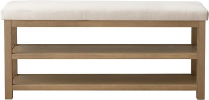 Zihanhome 2 Tier Shoe Rack Bench with Cushion, Solid Wood Shoe Benches, Mid-Century Modern Shoe Storage Bench for Entryway, Hallway, Living Room, Closet, Front Door Entrance, (Beige, 46.5")
