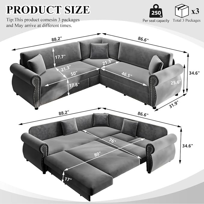 88.2" Sectional Sleeper Sofa with Pull Out Bed - Oversize L-Shaped Convertible Sleeper Couch Bed, Button Tufted Chesterfield Sofa, Chenille Vintage Couches for Living Room(4-Seater, Light Grey)
