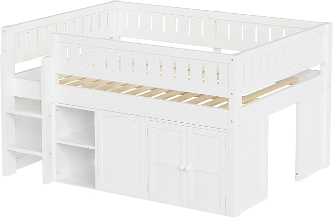 Full Size Loft Bed with Storage Cabinet & Chalkboard Panel, Wood Loft Bed Frame, Space-Saving Design, White