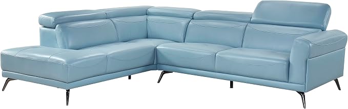 Lexicon L-Shaped Sectional Couch with Left Chaise, Top Grain Leather Match Sectional Sofa, Adjustable Headrests, Black Chrome Metal Legs, High-Density Cushions, Stitching, for Living Room, Blue