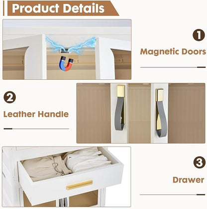 YHB Portable Storage Closet Cabinet, Easy Assembly Wardrobe Organizer with Visualization Doors, Drawers, Hanging Rods, Rolling Wheels for Pet Dog Clothes, Toys