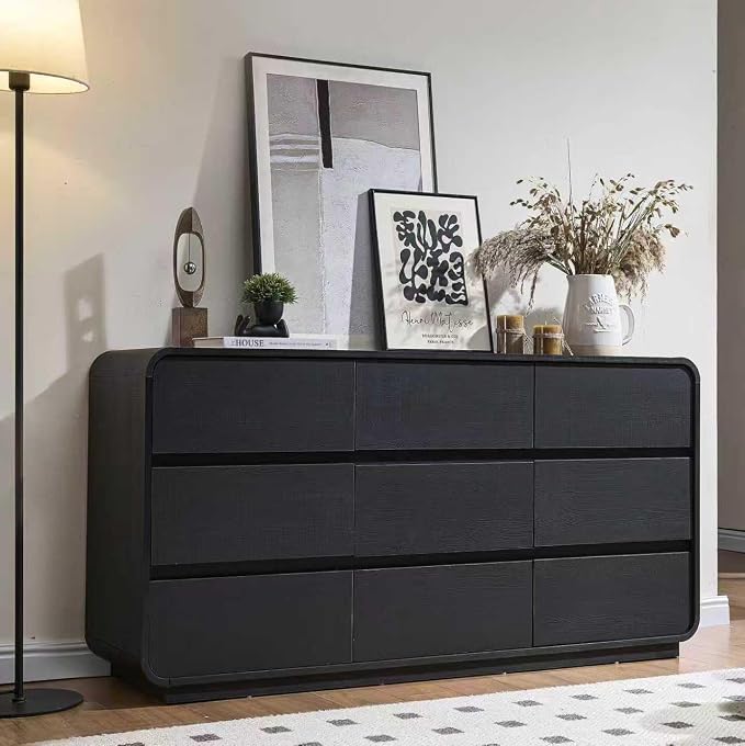 Standifurno Dresser for Bedroom, Modern Cuved Dresser with 9 Drawers,Black Dresser with Handleless Design, Closet Storage Dresser, 15.43" D x 57" W x 28.3" H (9 Drawers)