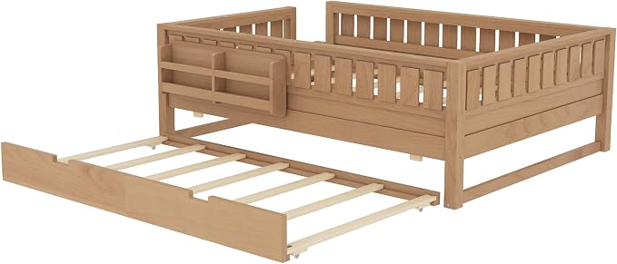Bellemave Full Kids Montessori Bed with Stairs, Bookshelf and Trundle, Solid Wood Kids Bed Frame with Storage for Boys Girls, Low Profile,Natural