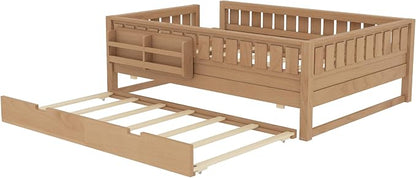 Bellemave Full Kids Montessori Bed with Stairs, Bookshelf and Trundle, Solid Wood Kids Bed Frame with Storage for Boys Girls, Low Profile,Natural