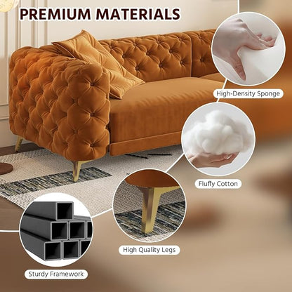 97.7'' Pull Out Sofa Bed King, Chesterfield Velvet Sleeper Sofa, Convertible L-Shaped Futon Couch, Tufted Back, Ottoman, Deep Seat Loveseat Couches for Living Room, Apartment, Orange