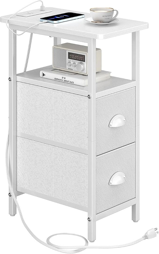 sthmec Narrow End Table with Charging Station, Narrow Side Table with 2 Fabric Drawers, Slim Nightstand, Skinny Bedside Table, Small Side Table for Small Spaces, Living Room, Bedroom, White
