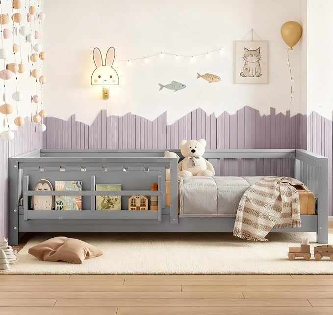 Bellemave Twin Size Floor Bed with high Rails and with Built-in Bookshelf for Kids, Girls, Boys, Wood Montessori Floor Bed Without Door, Gray