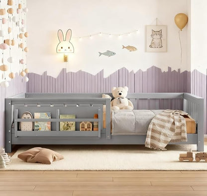 Bellemave Twin Size Floor Bed with high Rails and with Built-in Bookshelf for Kids, Girls, Boys, Wood Montessori Floor Bed Without Door, Gray