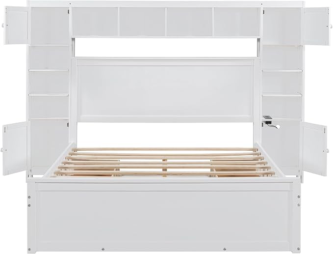 Merax Queen Size Wooden Bed with All-in-One Cabinet, White Platform Bed Frame with 4 Drawers, Shelf and Sockets