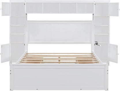 Merax Queen Size Wooden Bed with All-in-One Cabinet, White Platform Bed Frame with 4 Drawers, Shelf and Sockets