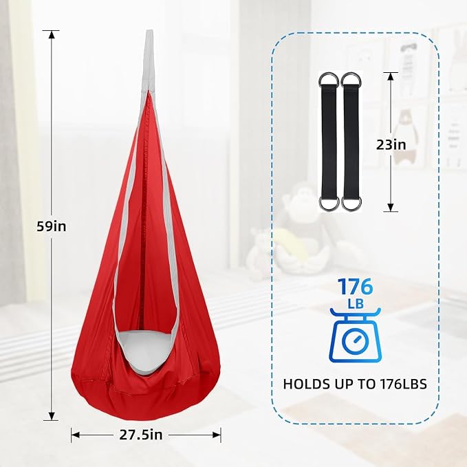Kids Swing Seat Hammock Chair Indoor Outdoor Hanging Chair for Children,Soft & Safe with High Weight Capacity, Easy Install Perfect for Bedroom, Garden, Playroom (Red)