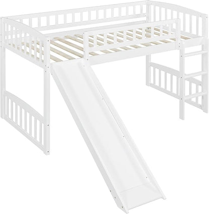Twin Size Loft Bed, Wood Loft Bed with Slide and Ladder, White