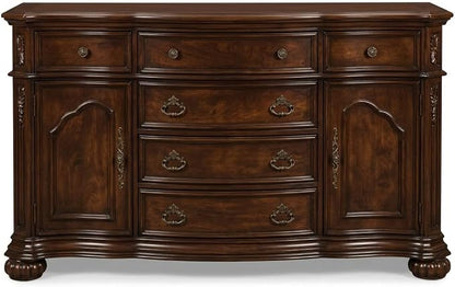 First of a Kind Barney's Traditional 5 Piece California King Bedroom Set Solid Wood Furniture Collection with Walnut Finish, Classic Carved Design for Master Bedroom Interiors