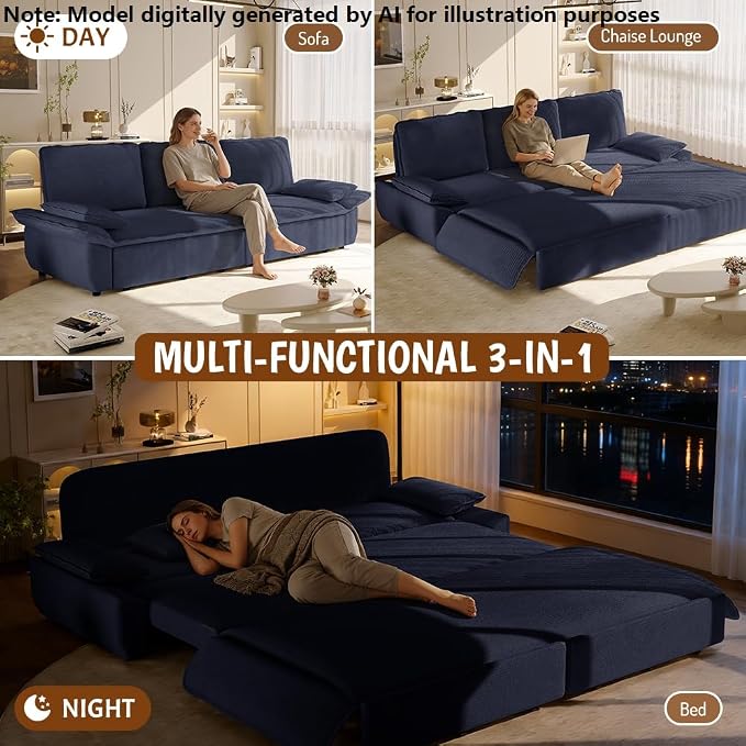 94.5'' Sleeper Sofa Bed King Size, Modern Corduroy Pull Out Couch, 3-in-1 Convertible Futon Sofa, 3 Seater Couches, Cloud Recliner, Pillow Arm, for Living Room, Apartment, Offices, Dark Blue