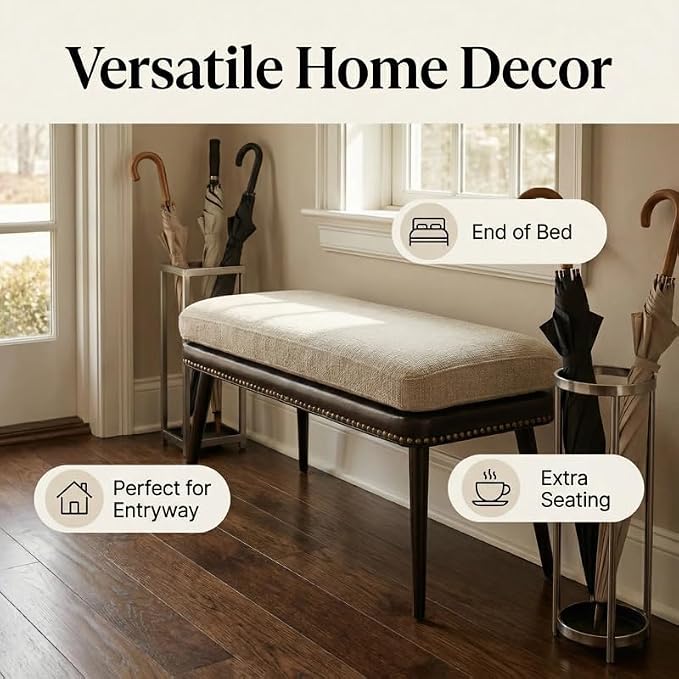 Forteek 32" Retro Upholstered Entryway Bench, Shoe Bench with Cushion | Leather & Fabric Padded Bench, End of Bed Bench for Bedroom, Dining Bench for Living Room, Storage Bench for Hallway & Foyer
