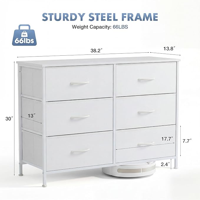 DUMOS White Bedroom Dresser for Closet, Fabric Dresser, Chest of 6 Drawers | Storage Organizer, Small Space TV Stand for Living Room, Anti-tip and Wooden Top, Home Furniture, Hallway