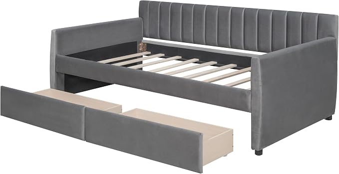 Merax Upholstered Daybed with 2 Drawers, Twin Size Bed Frame with Storage and Wood Slat Support, Gray
