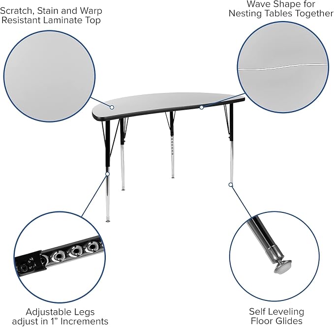 Flash Furniture 47.5" Half Circle Wave Collaborative Grey Thermal Laminate Activity Table - Standard Height Adjustable Legs