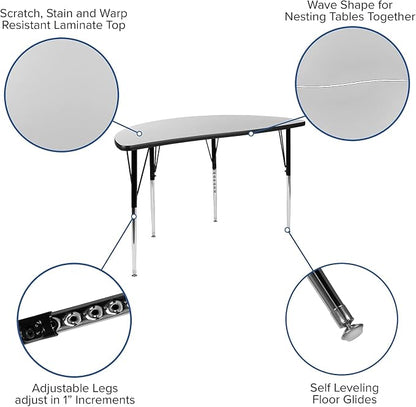 Flash Furniture 47.5" Half Circle Wave Collaborative Grey Thermal Laminate Activity Table - Standard Height Adjustable Legs