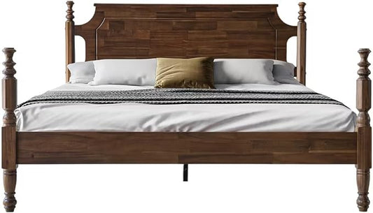 Solid Wood Queen Size Platform Bed Frame with Headboard & Footboard, Central Metal Legs, 12 Durable Slats Base, Anti-Slip & Noise-Free, Easy Assembly, No Box Spring Needed, Walnut Finish, ROQ-37