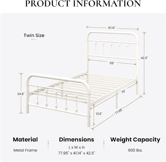 SHA CERLIN Twin Size Metal Platform Bed Frame with Victorian Style Iron-Art Headboard and Footboard, Easy Assembly, Under Bed Storage, No Box Spring Required, Off White