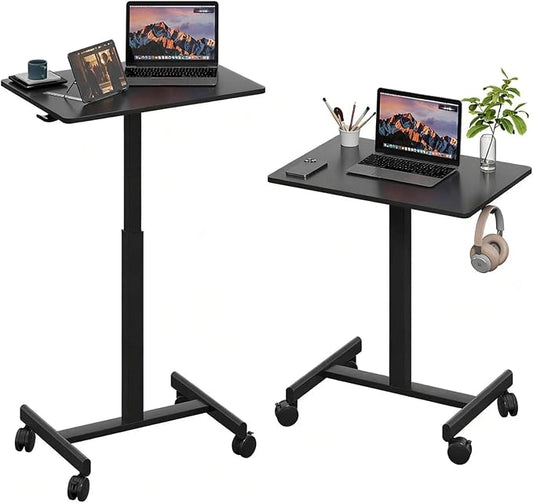 18.9 * 25.6 inch Mobile Standing Desk,T Shaped Pneumatic Adjustable Height Stand Up Desk,with Lockable Wheels,Ergonomic Standing Side Table for Home Office Work Computer Workstation Black+Gray