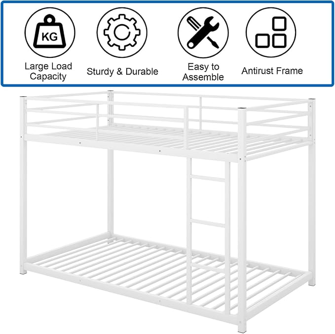 Low Metal Bunk Bed Frame for Kids, with Built-in Ladder, High Guardrail and Metal Slats, Floor Bed Bottom Bunk, No Boxspring Required, for Small Spaces, Twin-Over-Twin (White)