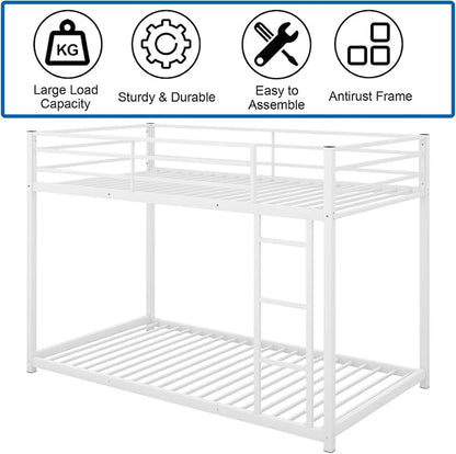 Low Metal Bunk Bed Frame for Kids, with Built-in Ladder, High Guardrail and Metal Slats, Floor Bed Bottom Bunk, No Boxspring Required, for Small Spaces, Twin-Over-Twin (White)
