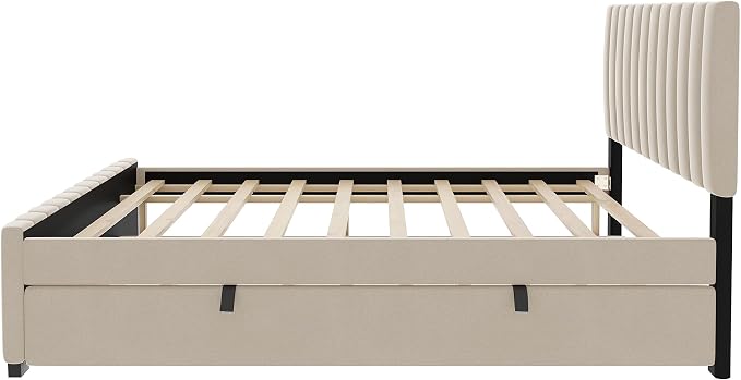 Bellemave Full Bed Frame with Trundle Bed,Velvet Upholstered Platform Bed Frame,Full Size Trundle Bed with Headboard for Kids Teens Adults,Beige
