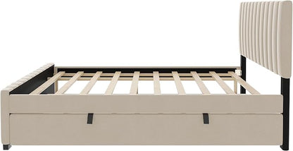 Bellemave Full Bed Frame with Trundle Bed,Velvet Upholstered Platform Bed Frame,Full Size Trundle Bed with Headboard for Kids Teens Adults,Beige