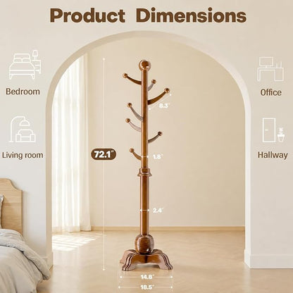 Hall Tree, Freestanding Wood Tree Rack with 7 Hooks, Coat Rack with Stable Sphere Base, Wooden Coat Rack Stand, Load 210 lb, Coat Hanger Stand for Entryway, Hallway, Bedroom (Natural)