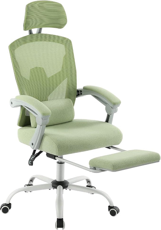 DUMOS Home Office Desk Chair with Footrest, High-Back Mesh Rolling Swivel Reclining Chairs with Wheels, Comfortable Headrest, Lumbar Support, Comfy Arms for Home, Office, Gaming, Elegant Green
