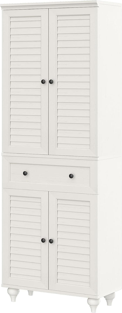 80" Tall Storage Cabinet with Louvered Doors and Adjustable Shelves, Farmhouse Kitchen Pantry Cabinet, Freestanding Storage for Dining Room, Living Room, Home Office, Bathroom, Rustic White