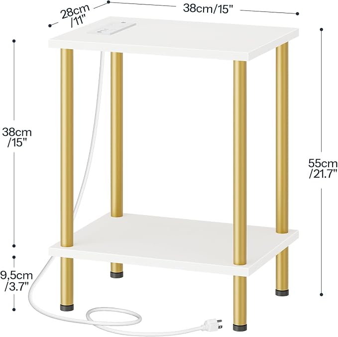 HOOBRO Side Table with Charging Station, Set of 2 End Tables with USB Port and Outlets, Nightstand with 2-Layer Storage Shelves for Small Spaces, Living Room, Bedroom, White and Gold DW09UBZP201