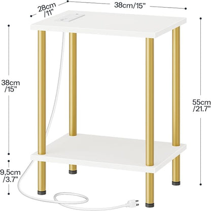 HOOBRO Side Table with Charging Station, Set of 2 End Tables with USB Port and Outlets, Nightstand with 2-Layer Storage Shelves for Small Spaces, Living Room, Bedroom, White and Gold DW09UBZP201