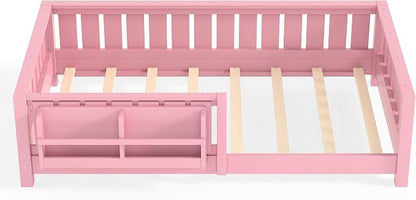 Bellemave Twin Size Floor Bed with high Rails and with Built-in Bookshelf for Kids, Girls, Boys, Wood Montessori Floor Bed Without Door, Pink