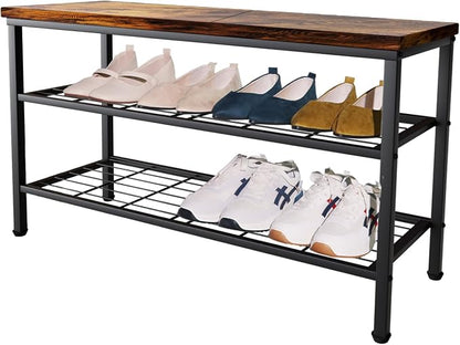 3-Tier Metal Shoe Rack with Wood Top - Durable & Space-Saving Shoe Organizer,Industrial Shoe Organizer Shelf Bench Storagefor Closet Entryway, Bedroom & Hallway - Bronze + Black 28.5 W × 18" H