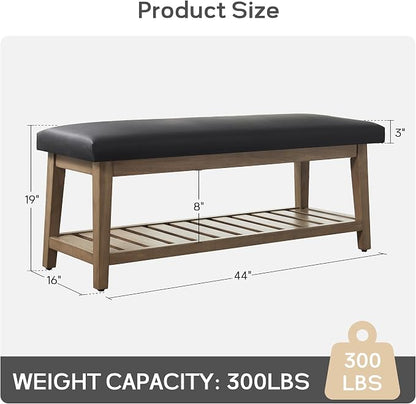 Zihanhome Entryway Bench, PU Leather Upholstered Shoe Benches for Bedroom, Ottoman Bench with Solid Wood Shelf, Storage Bench for Hallway, Living Room(Black)