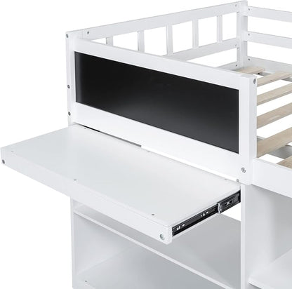 Bellemave Twin Size Low loft Bed for Kids,Wood Loft Beds,Modern Farmhouse Twin loft Bed,Loft Bed with Rolling Desk and Storage, Shelf and Drawers No Box Spring Needed,for Kids, White