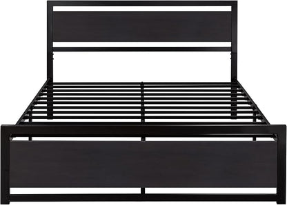 SHA CERLIN Heavy Duty Queen Size Bed Frame with Modern Headboard，Black | Platform Metal Base with Square Footboard and 13 Strong Slats Support, No Box Spring Needed