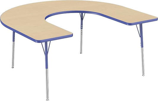 FDP Horseshoe Activity School and Office Table (60 x 66 inch), Standard Legs with Swivel Glides for Collaborative Seating Environments, Adjustable Height 19-30 inches - Maple Top and Blue Edge