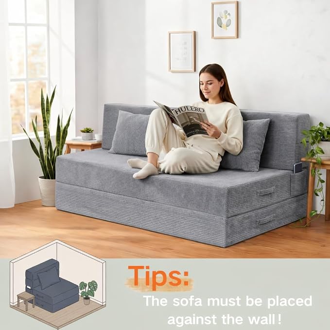 Folding Sofa Bed, 4 in 1 Convertible Sleeper Chair with Pillow, Queen Memory Foam Fold Out Chair Bed, Modern Floor Futon Sofa Couch Mattress for Living Room/Guest/Apartment, Light Gray